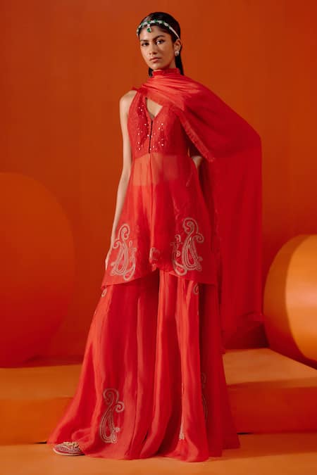 Buy_Devnaagri_Red Organza, Embroidery V-neck Dori Sharara Set _Online_at_Aza_Fashions