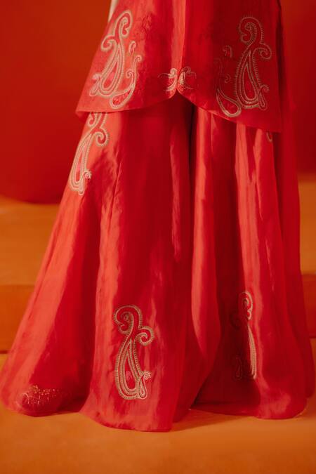 Shop_Devnaagri_Red Organza, Embroidery V-neck Dori Sharara Set _Online_at_Aza_Fashions