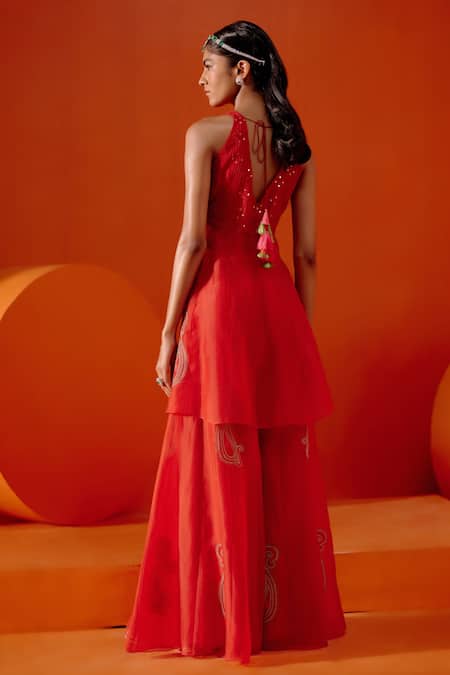 Shop_Devnaagri_Red Organza, Embroidery V-neck Dori Sharara Set _at_Aza_Fashions