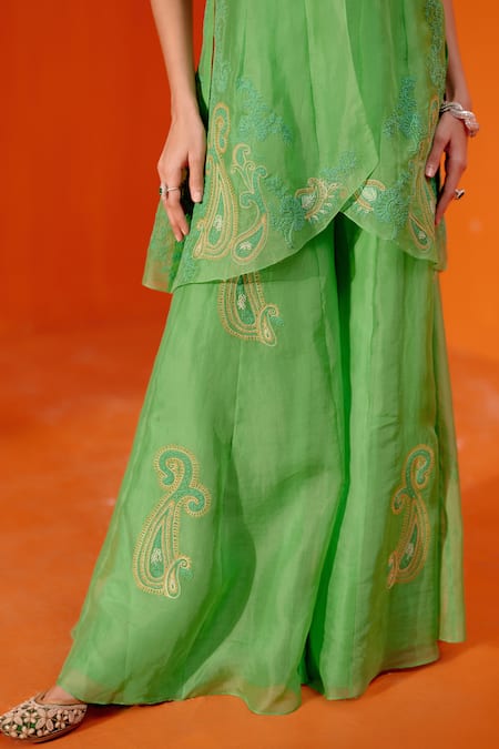 Devnaagri Green Organza, Embroidery V-neck Dori Kurta Sharara Set Online at Aza Fashions Devnaagri_Green Organza, Embroidery V-neck Dori Kurta Sharara Set _Online_at_Aza_Fashions