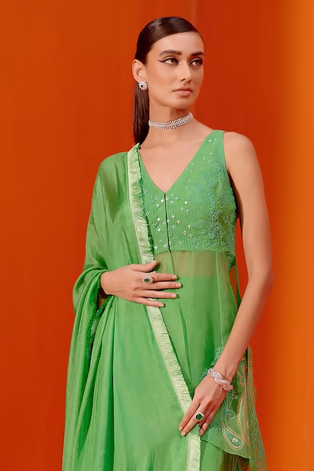 Shop Devnaagri Green Organza, Embroidery V-neck Dori Kurta Sharara Set Online at Aza Fashions Shop_Devnaagri_Green Organza, Embroidery V-neck Dori Kurta Sharara Set _Online_at_Aza_Fashions