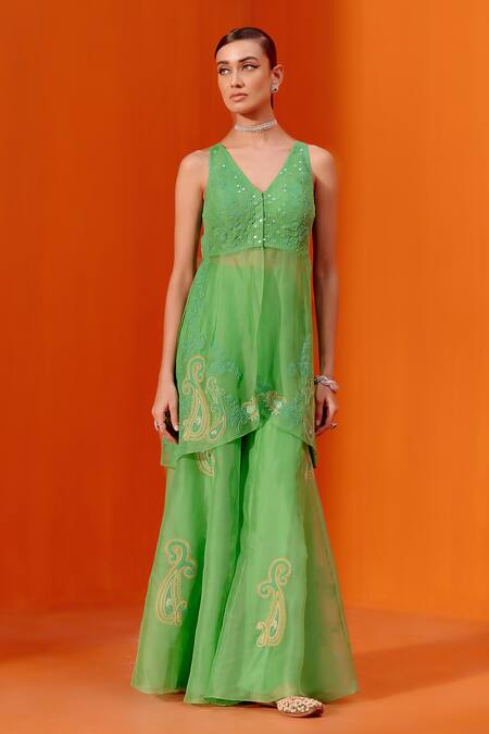 Devnaagri Green Organza, Embroidery V-neck Dori Kurta Sharara Set at Aza Fashions Devnaagri_Green Organza, Embroidery V-neck Dori Kurta Sharara Set _at_Aza_Fashions