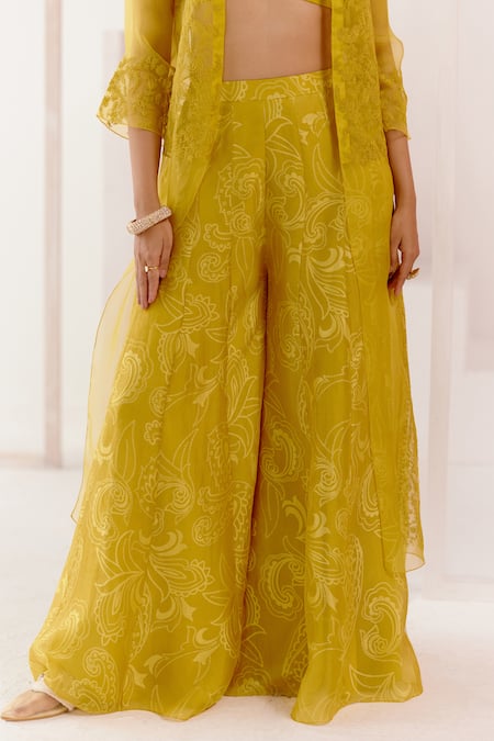 Devnaagri Yellow , Organza, Cotton Satin Embroidery Cape With Woven Sharara Set Online at Aza Fashions Devnaagri_Yellow , Organza, Cotton Satin Embroidery Cape With Woven Sharara Set _Online_at_Aza_Fashions