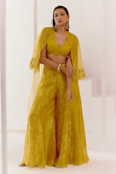 Buy Devnaagri Yellow , Organza, Cotton Satin Embroidery Cape With Woven Sharara Set Online at Aza Fashions Buy_Devnaagri_Yellow , Organza, Cotton Satin Embroidery Cape With Woven Sharara Set _Online_at_Aza_Fashions