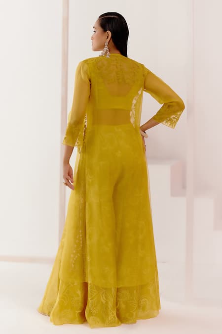 Shop Devnaagri Yellow , Organza, Cotton Satin Embroidery Cape With Woven Sharara Set at Aza Fashions Shop_Devnaagri_Yellow , Organza, Cotton Satin Embroidery Cape With Woven Sharara Set _at_Aza_Fashions