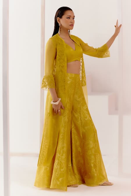 Shop Devnaagri Yellow , Organza, Cotton Satin Embroidery Cape With Woven Sharara Set Online at Aza Fashions Shop_Devnaagri_Yellow , Organza, Cotton Satin Embroidery Cape With Woven Sharara Set _Online_at_Aza_Fashions