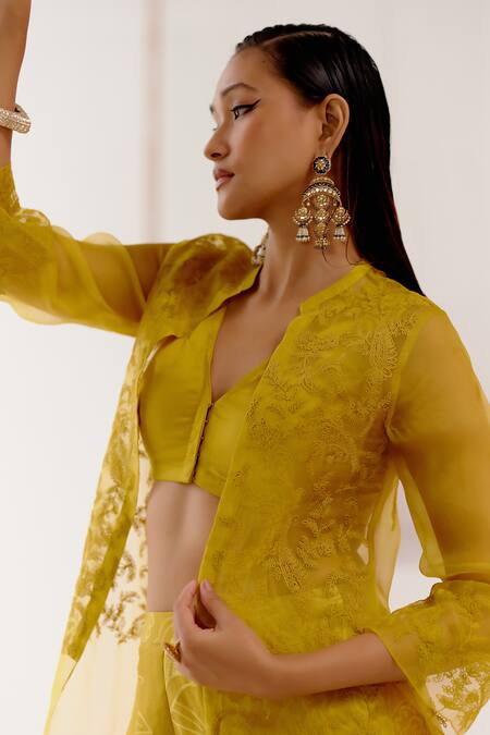 Devnaagri Yellow , Organza, Cotton Satin Embroidery Cape With Woven Sharara Set at Aza Fashions Devnaagri_Yellow , Organza, Cotton Satin Embroidery Cape With Woven Sharara Set _at_Aza_Fashions