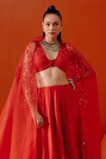 Shop Devnaagri Red Cotton Satin, Silk Organza, Chanderi Embroidery, Floral Dori Lehenga Set Online at Aza Fashions Shop_Devnaagri_Red Cotton Satin, Silk Organza, Chanderi Embroidery, Floral Dori Lehenga Set _Online_at_Aza_Fashions