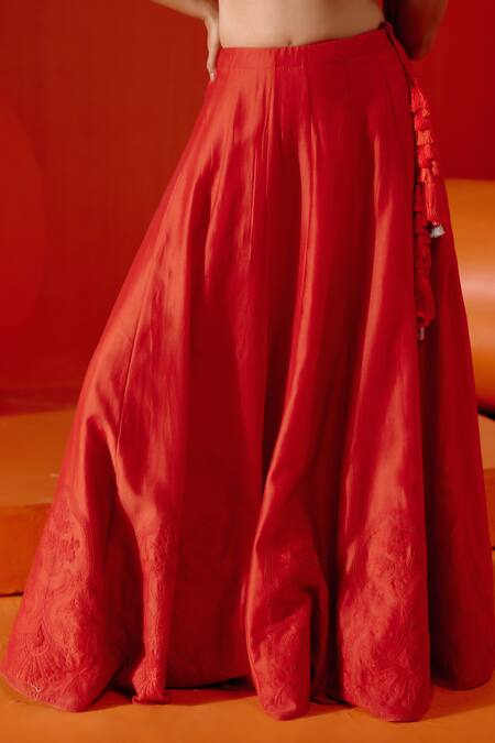 Devnaagri Red Cotton Satin, Silk Organza, Chanderi Embroidery, Floral Dori Lehenga Set at Aza Fashions Devnaagri_Red Cotton Satin, Silk Organza, Chanderi Embroidery, Floral Dori Lehenga Set _at_Aza_Fashions