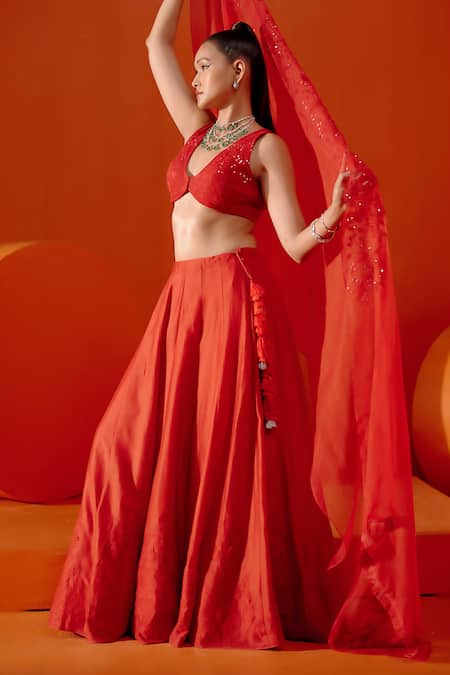 Buy Devnaagri Red Cotton Satin, Silk Organza, Chanderi Embroidery, Floral Dori Lehenga Set Buy_Devnaagri_Red Cotton Satin, Silk Organza, Chanderi Embroidery, Floral Dori Lehenga Set