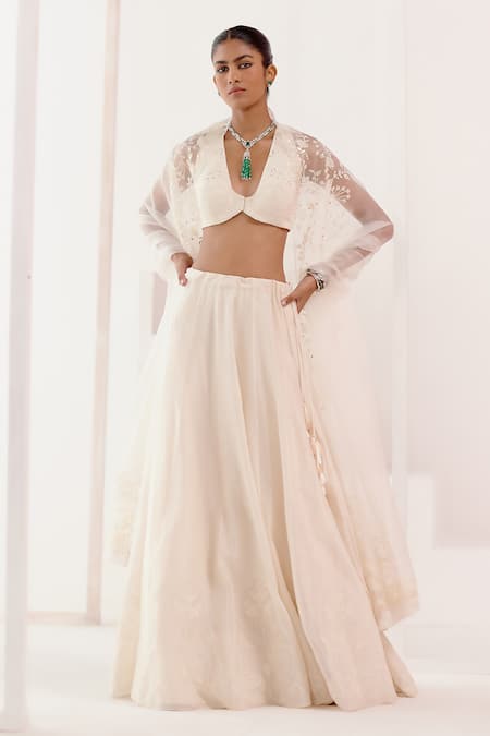 Devnaagri_Ivory Cotton Satin, Silk Organza, Chanderi Embroidery, Floral Lehenga Set _Online_at_Aza_Fashions