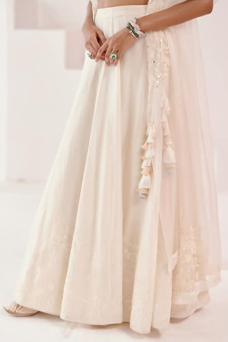 Shop_Devnaagri_Ivory Cotton Satin, Silk Organza, Chanderi Embroidery, Floral Lehenga Set _Online_at_Aza_Fashions