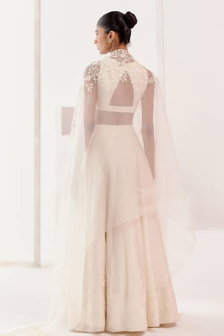 Shop_Devnaagri_Ivory Cotton Satin, Silk Organza, Chanderi Embroidery, Floral Lehenga Set _at_Aza_Fashions
