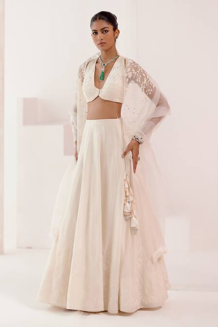 Devnaagri_Ivory Cotton Satin, Silk Organza, Chanderi Embroidery, Floral Lehenga Set _at_Aza_Fashions