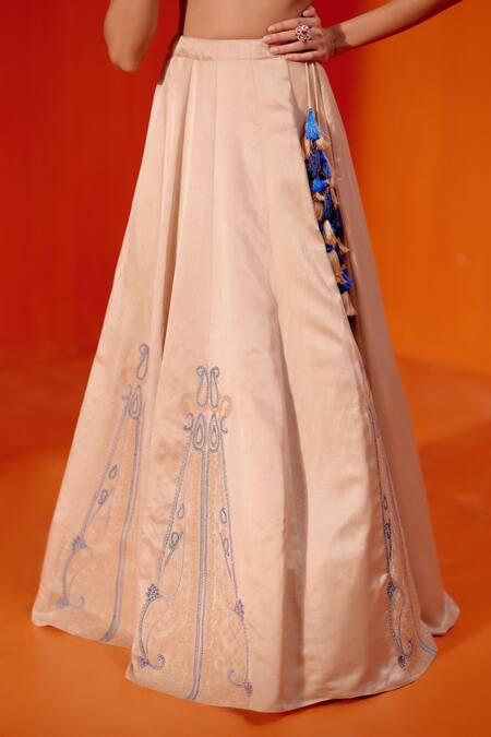 Devnaagri_Beige Cotton Satin, Silk Organza Embroidery, Tassels Plunge Dori Lehenga Set _Online_at_Aza_Fashions