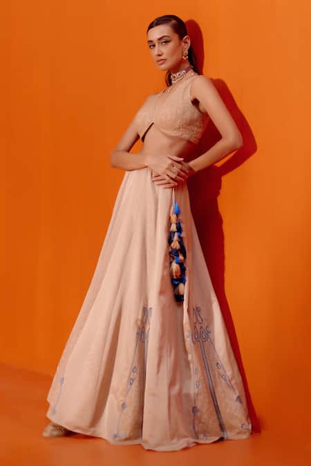 Buy_Devnaagri_Beige Cotton Satin, Silk Organza Embroidery, Tassels Plunge Dori Lehenga Set _Online_at_Aza_Fashions