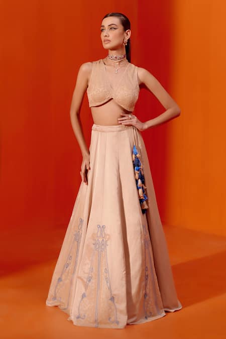 Shop_Devnaagri_Beige Cotton Satin, Silk Organza Embroidery, Tassels Plunge Dori Lehenga Set _Online_at_Aza_Fashions