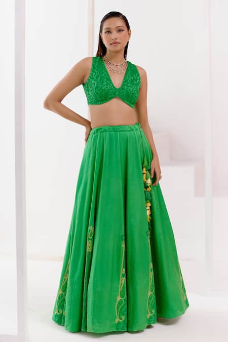 Devnaagri_Green Cotton Satin, Silk Organza Embroidery Plunge Neck Dori Floral Lehenga Set _Online_at_Aza_Fashions