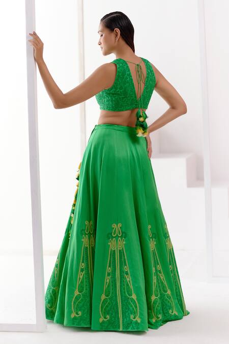 Buy_Devnaagri_Green Cotton Satin, Silk Organza Embroidery Plunge Neck Dori Floral Lehenga Set _Online_at_Aza_Fashions