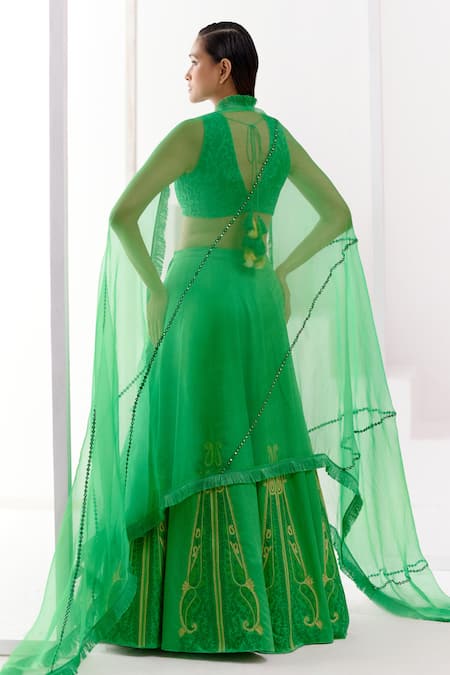 Shop_Devnaagri_Green Cotton Satin, Silk Organza Embroidery Plunge Neck Dori Floral Lehenga Set _at_Aza_Fashions