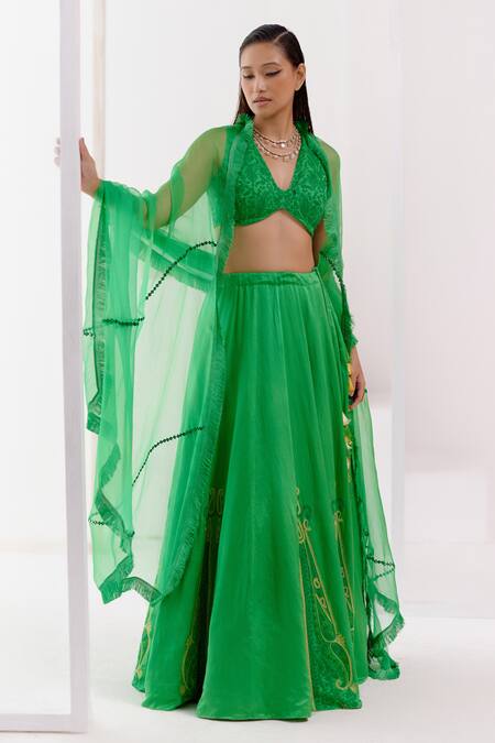Shop_Devnaagri_Green Cotton Satin, Silk Organza Embroidery Plunge Neck Dori Floral Lehenga Set _Online_at_Aza_Fashions