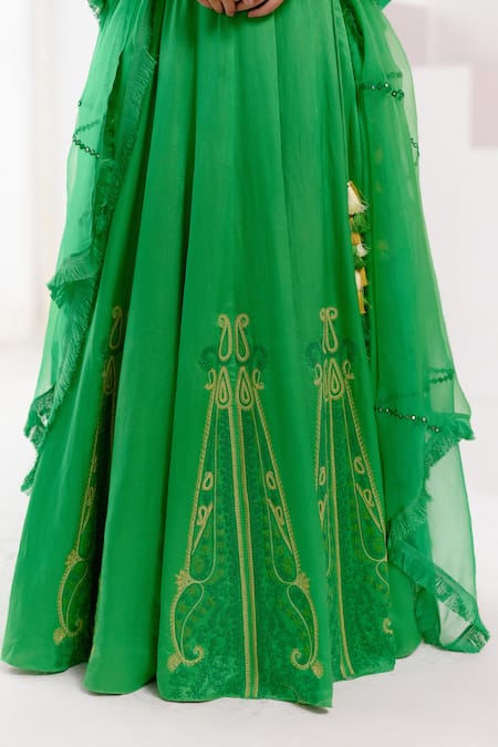 Devnaagri_Green Cotton Satin, Silk Organza Embroidery Plunge Neck Dori Floral Lehenga Set _at_Aza_Fashions