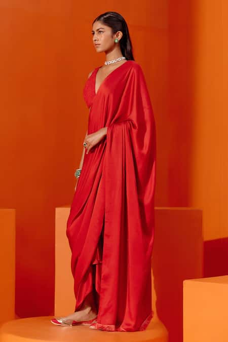 Devnaagri_Red Modal, , Cotton , Pre-draped Saree With Blouse _Online_at_Aza_Fashions