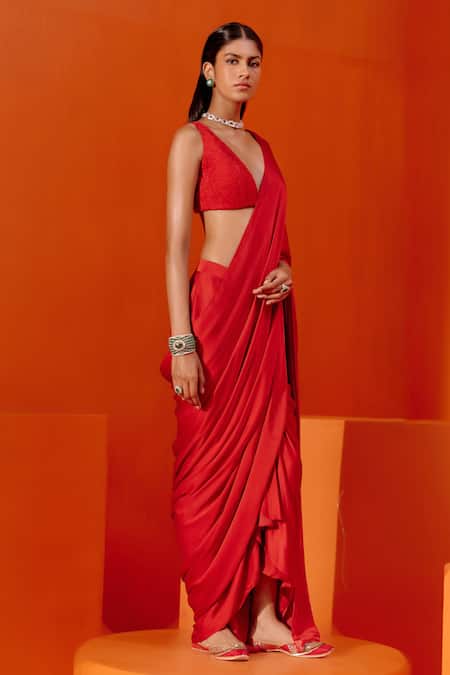 Buy_Devnaagri_Red Modal, , Cotton , Pre-draped Saree With Blouse _Online_at_Aza_Fashions