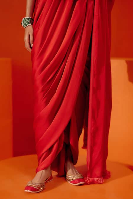 Devnaagri_Red Modal, , Cotton , Pre-draped Saree With Blouse _at_Aza_Fashions