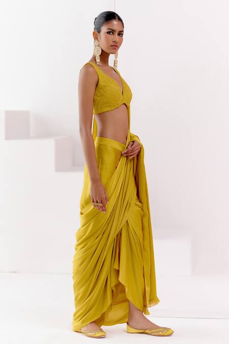 Devnaagri Yellow Modal, , Cotton, Satin Pre-draped Saree With Floral Blouse Online at Aza Fashions Devnaagri_Yellow Modal, , Cotton, Satin Pre-draped Saree With Floral Blouse _Online_at_Aza_Fashions