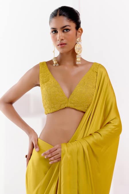 Buy Devnaagri Yellow Modal, , Cotton, Satin Pre-draped Saree With Floral Blouse Online at Aza Fashions Buy_Devnaagri_Yellow Modal, , Cotton, Satin Pre-draped Saree With Floral Blouse _Online_at_Aza_Fashions