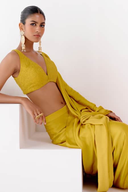 Shop Devnaagri Yellow Modal, , Cotton, Satin Pre-draped Saree With Floral Blouse Online at Aza Fashions Shop_Devnaagri_Yellow Modal, , Cotton, Satin Pre-draped Saree With Floral Blouse _Online_at_Aza_Fashions