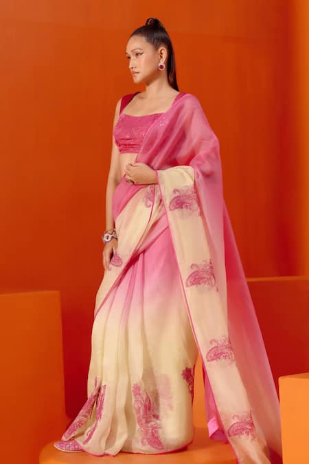 Devnaagri Fuchsia Silk Organza, Gabardine, Gingham Embroidery, Ombre Saree With Blouse Online at Aza Fashions Devnaagri_Fuchsia Silk Organza, Gabardine, Gingham Embroidery, Ombre Saree With Blouse _Online_at_Aza_Fashions