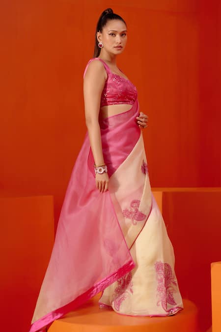 Buy Devnaagri Fuchsia Silk Organza, Gabardine, Gingham Embroidery, Ombre Saree With Blouse Online at Aza Fashions Buy_Devnaagri_Fuchsia Silk Organza, Gabardine, Gingham Embroidery, Ombre Saree With Blouse _Online_at_Aza_Fashions