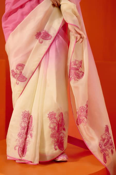 Devnaagri Fuchsia Silk Organza, Gabardine, Gingham Embroidery, Ombre Saree With Blouse at Aza Fashions Devnaagri_Fuchsia Silk Organza, Gabardine, Gingham Embroidery, Ombre Saree With Blouse _at_Aza_Fashions
