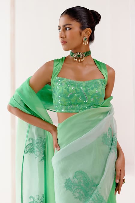 Devnaagri_Green Silk Organza, Gabardine, Gingham Embroidery Ombre Saree With Blouse _Online_at_Aza_Fashions