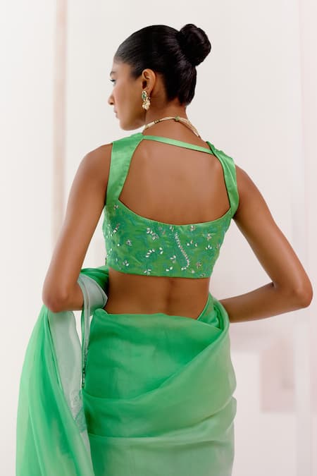 Devnaagri_Green Silk Organza, Gabardine, Gingham Embroidery Ombre Saree With Blouse _at_Aza_Fashions
