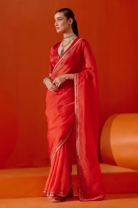 Devnaagri Red Silk Organza, Gabardine Diamonds, Floral Border Saree With Blouse Online at Aza Fashions Devnaagri_Red Silk Organza, Gabardine Diamonds, Floral Border Saree With Blouse _Online_at_Aza_Fashions