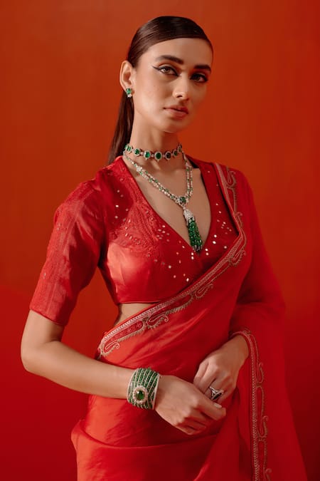 Buy Devnaagri Red Silk Organza, Gabardine Diamonds, Floral Border Saree With Blouse Online at Aza Fashions Buy_Devnaagri_Red Silk Organza, Gabardine Diamonds, Floral Border Saree With Blouse _Online_at_Aza_Fashions