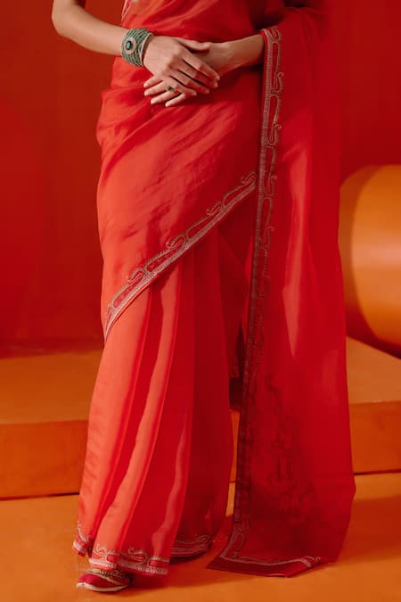 Shop Devnaagri Red Silk Organza, Gabardine Diamonds, Floral Border Saree With Blouse Online at Aza Fashions Shop_Devnaagri_Red Silk Organza, Gabardine Diamonds, Floral Border Saree With Blouse _Online_at_Aza_Fashions