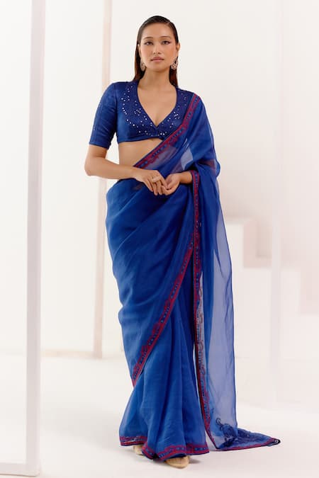 Devnaagri Blue Organza And Gajji Dori Border Saree With Blouse 