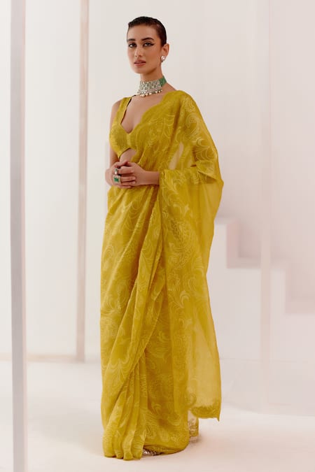 Devnaagri Yellow Woven Silk Organza Embroidered Self Dori Saree With Blouse 