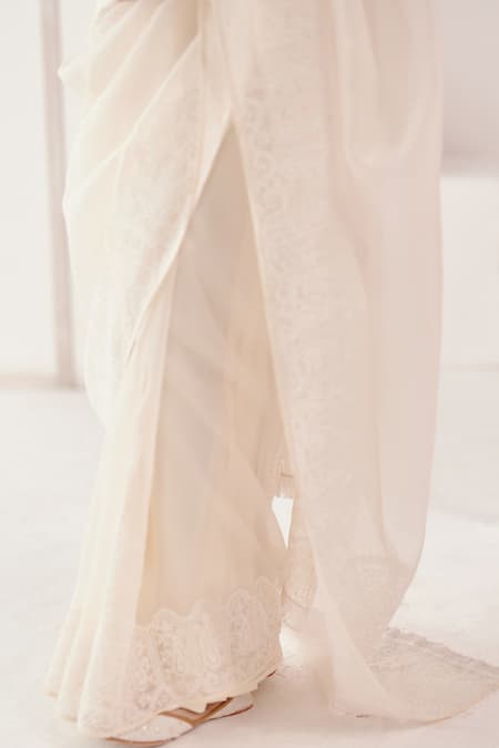 Buy_Devnaagri_Ivory Silk Organza, Gabardine Embroidery Plunge Neck Dori Saree With Blouse _Online_at_Aza_Fashions