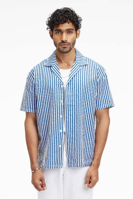 Terra Luna White Cotton Palawan Bling Stripe Print Shirt Online at Aza Fashions Terra Luna_White Cotton Palawan Bling Stripe Print Shirt _Online_at_Aza_Fashions