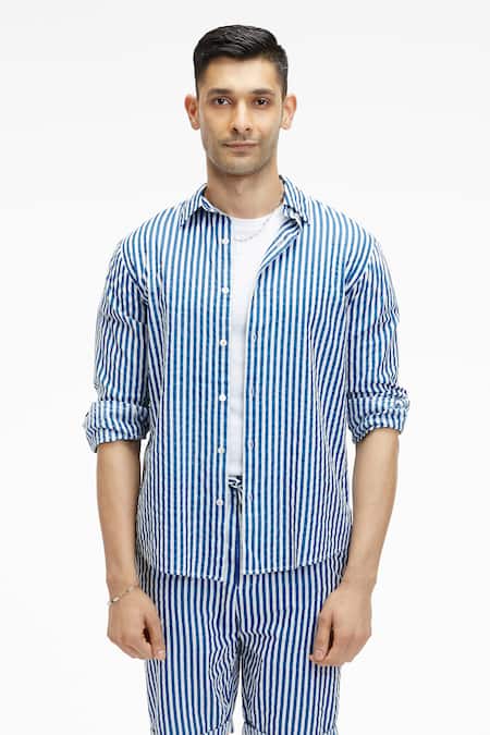 Terra Luna White Cotton Dante Bling Stripe Print Shirt Online at Aza Fashions Terra Luna_White Cotton Dante Bling Stripe Print Shirt _Online_at_Aza_Fashions