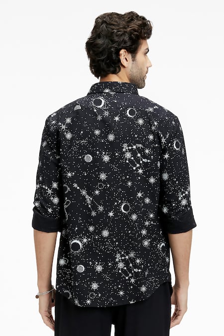 Shop Terra Luna Black Cotton Dante Eco Foil Sparkle Print Shirt at Aza Fashions Shop_Terra Luna_Black Cotton Dante Eco Foil Sparkle Print Shirt _at_Aza_Fashions