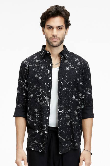 Terra Luna Black Cotton Dante Eco Foil Sparkle Print Shirt Online at Aza Fashions Terra Luna_Black Cotton Dante Eco Foil Sparkle Print Shirt _Online_at_Aza_Fashions