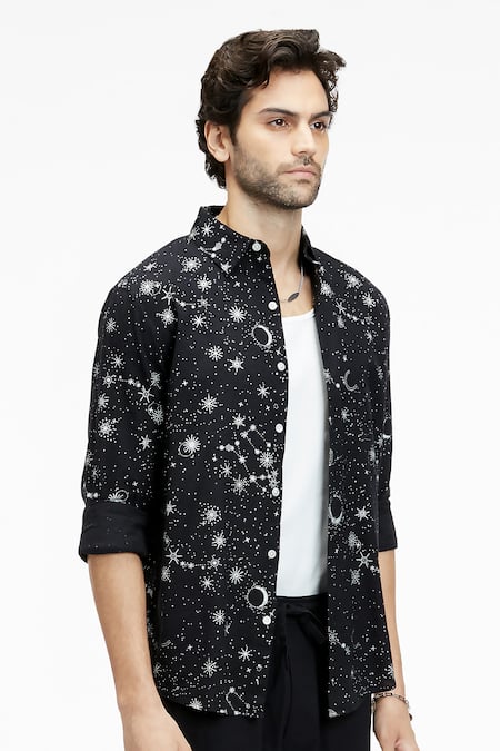 Buy Terra Luna Black Cotton Dante Eco Foil Sparkle Print Shirt Online at Aza Fashions Buy_Terra Luna_Black Cotton Dante Eco Foil Sparkle Print Shirt _Online_at_Aza_Fashions