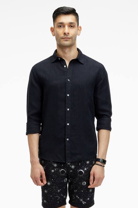 Terra Luna_Black Linen Coda Shirt _Online_at_Aza_Fashions