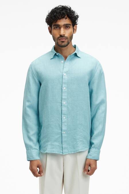 Terra Luna_Blue Linen Coda Button Down Shirt _Online_at_Aza_Fashions